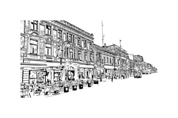 Building view with landmark of Lodz is a city in central Poland. Hand drawn sketch illustration in vector. - obrazy, fototapety, plakaty