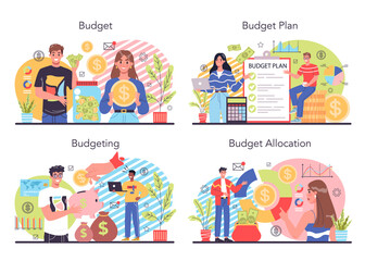 Budgeting concept set. Idea of financial planning and well-being.