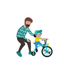 A caring father teaches his daughter to ride a bike for the first time. Father helps little boy child riding a bike. Parenting, parenting concept. flat style illustration isolated on white background.