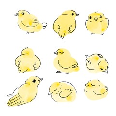 Yellow chickens. Watercolor painting. Handmade watercolor illustration.