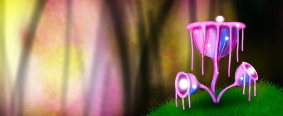 Banner Fantasy cartoon daytime forest with mushrooms landscape. illustration of magic mushrooms