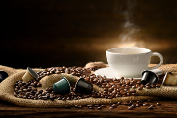 Cup of coffee with smoke and coffee beans and coffee capsules on burlap sack on old wooden...
