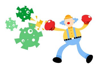 Fototapeta premium clown carnival protection fight against corona virus pathogen cartoon doodle flat design style vector illustration
