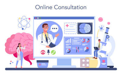 Neurologist online service or platform. Doctor examine human brain.
