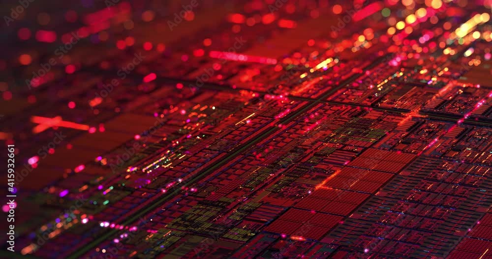 Poster iridescent multi colored silicon computer wafer with data moving within circuitry. central computer 