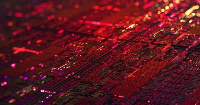 Iridescent Multi Colored Silicon Computer Wafer with Data moving within circuitry. Central Computer Processors CPU Motion Graphic. high tech background. 4K loop, 3D rendering.	