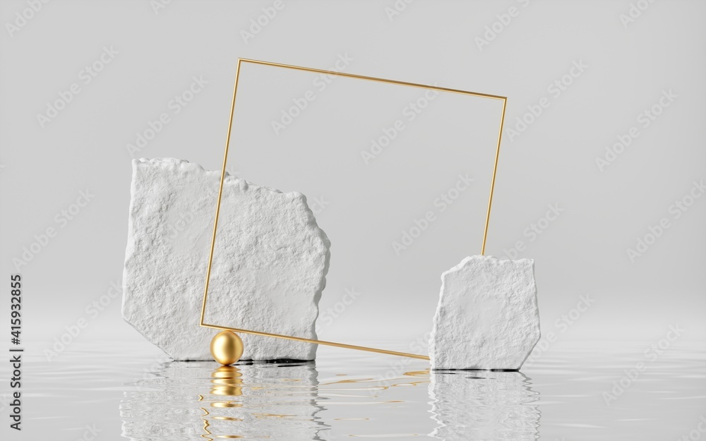 Poster 3d render, abstract white background with cobblestones and golden square frame, liquid floor with re