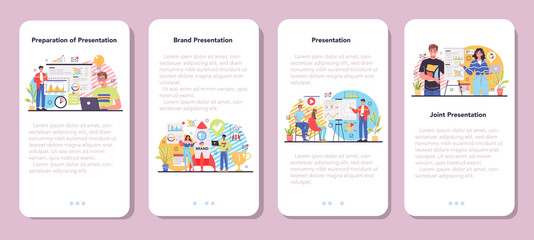 Business presentation mobile application banner set. Businesspeople in front
