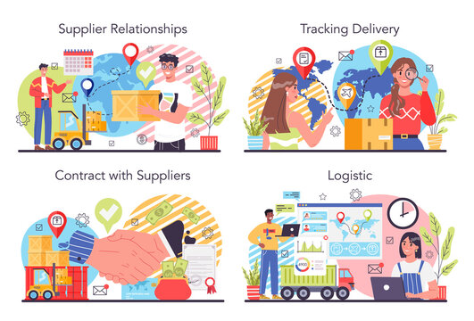 Suppliers concept set. B2B idea, global logistic distribution service.