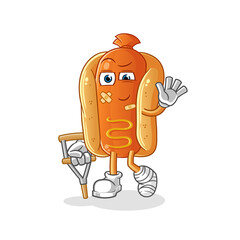 hot dog sick with limping stick character. cartoon mascot vector