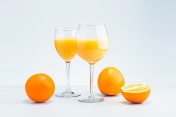  Two Glasses Of Orange Juice And Fruits.