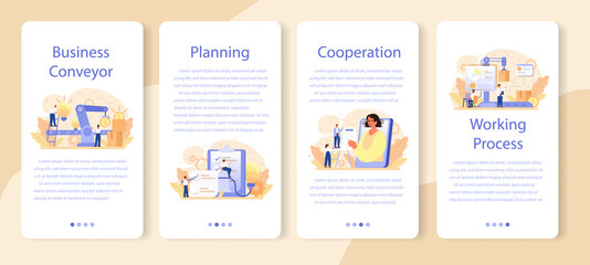 Naklejka premium Business conveyor mobile application banner set. Idea of business development