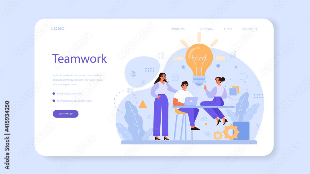 Aufkleber collaboration web banner or landing page. office characters working in team.