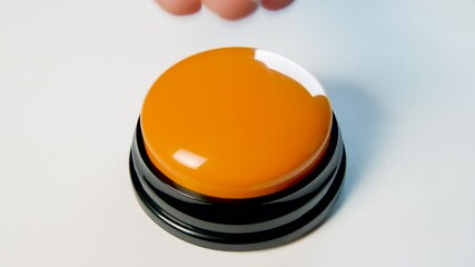 Young woman pushing orange button with a finger and palm of her hand. Press a round glossy button close up. Activation, launching something. Turn on and off.