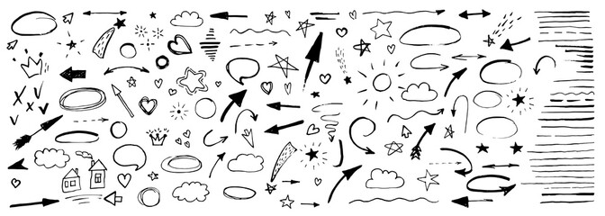 Hand drawn doodle design elements, black on white background. Swishes, swoops, emphasis, Arrow, crown, brush stroke. doodle sketch design elements