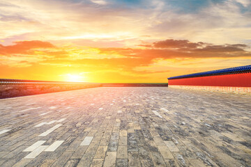 Obraz premium Empty brick floor and red wall in Beijing,China.