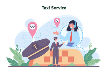 Taxi service concept. Yellow taxi car. Automobile cab with driver