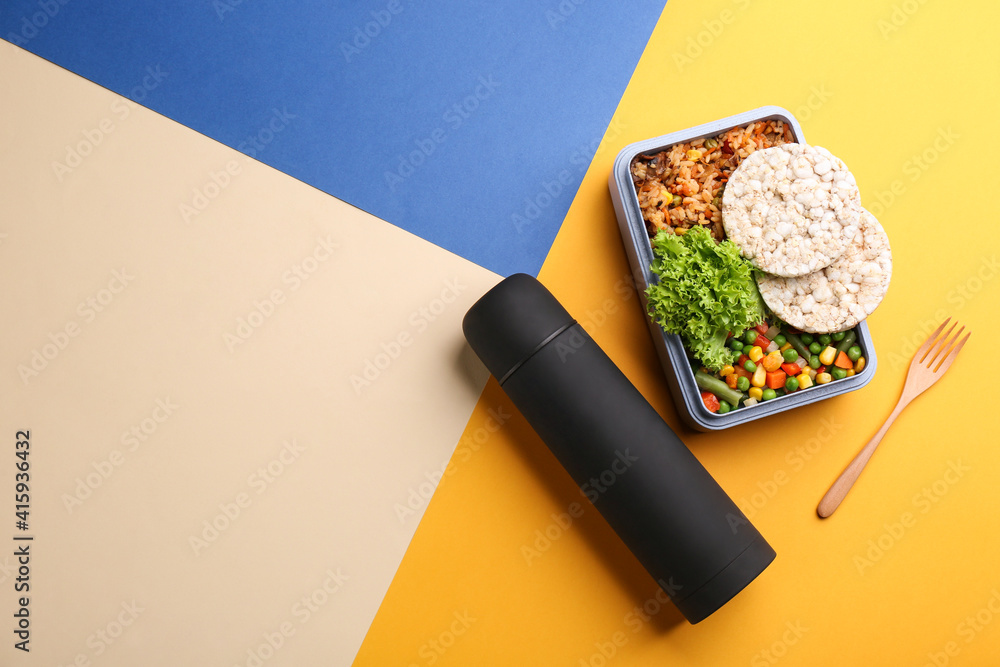 Sticker Thermos and lunch box with food on color background, flat lay. Space for text