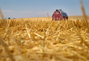 Wheat Stubble and Red Barn. A faded, red barn on a hill in the Palouse. Washington State, USA.

