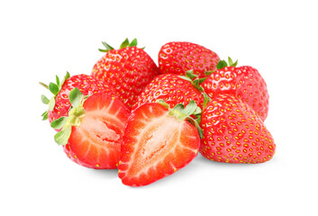Pile of delicious cut and whole strawberries on white background