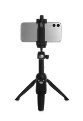 Smartphone fixed to tripod on white background