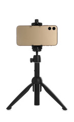 Smartphone fixed to tripod on white background