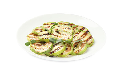 Delicious grilled zucchini slices and sesame on white background