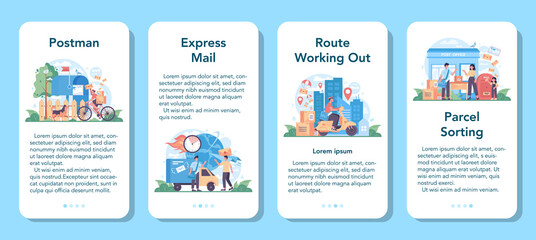 Postman profession mobile application banner set. Post office staff providing