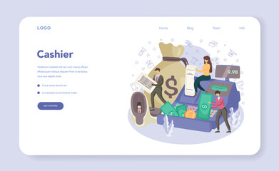 Cashier web banner or landing page. Worker behind the cashier counter