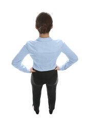 Fototapeta premium Young businesswoman in elegant suit on white background, back view