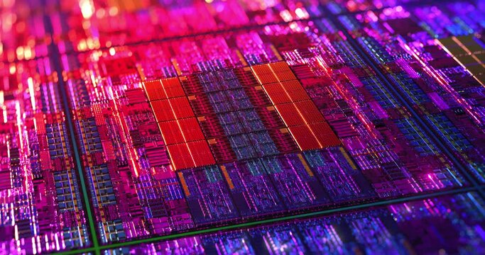 Futuristic die chip processor technology background. CPU, GPU, CMOS microchip Computer Processors. AI, Quantum computer, data processing, datacenter. Silicon wafer process. 3D rendering, 4K