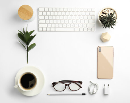 Composition With Computer Keyboard On White Background, Flat Lay