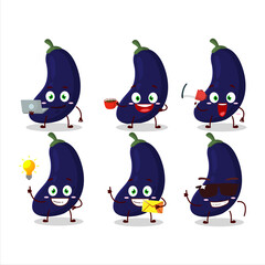 New eggplant cartoon character with various types of business emoticons