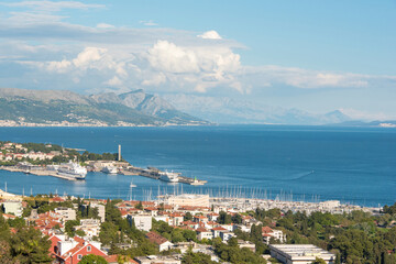 Croatia, Split. View from Marjan Hill to Split, City Harbor, Fisherman's Port, Dinaric Alps.