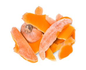 Pumpkin peel on white background, top view. Composting of organic waste