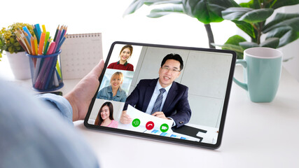 Virtual video conference, Work from home, Brainstorm planing teamwork, Asian business team making video call by web, Group of asia team online telecommunication meeting by digital tablet