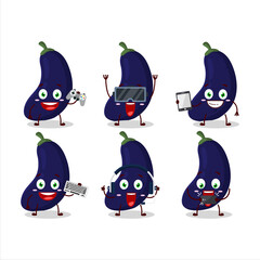 New eggplant cartoon character are playing games with various cute emoticons