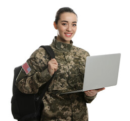 Female soldier with laptop and backpack on white background. Military education