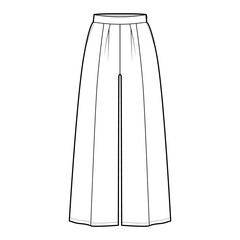 Pants gaucho technical fashion illustration with low waist, rise, single pleat, ankle cropped length, seam pockets. Flat trousers apparel template, white color. Women, men, unisex CAD mockup