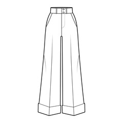 Pants oxford tailored technical fashion illustration with normal waist, high rise, full length, slant jetted pockets. Flat trousers apparel template front, white color. Women men unisex CAD mockup