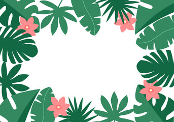 Fototapeta na wymiar Natural tropical leaves with pink flower summer decorative frame concept vector illustration.