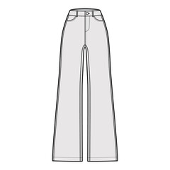 Jeans wide leg Denim pants technical fashion illustration with full length, normal waist, high rise, 5 pockets, Rivets, belt loops. Flat bottom template front, grey color style. Women, men CAD mockup
