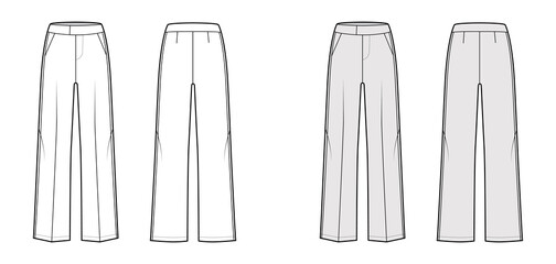 Pants tuxedo technical fashion illustration with extended low waist, rise, full length, slant pockets, side satin stripe. Flat trousers apparel template back, white, grey color. Women, men, CAD mockup