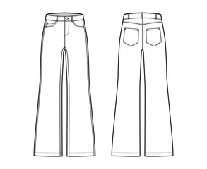 Set of Jeans wide leg Denim pants technical fashion illustration with low waist, rise, 5 pockets, Rivets, belt loops. Flat bottom template front, back, white color style. Women, men, unisex CAD mockup