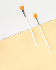 Composition of face brushes on light background. Powder brush set. Cosmetic for make up. Flat lay, top view