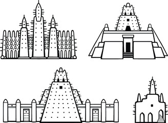 Set of buildings African architecture. House, mosque, ancient dwelling. Monochrome drawing isolated on a white background.  Vector illustration. - obrazy, fototapety, plakaty