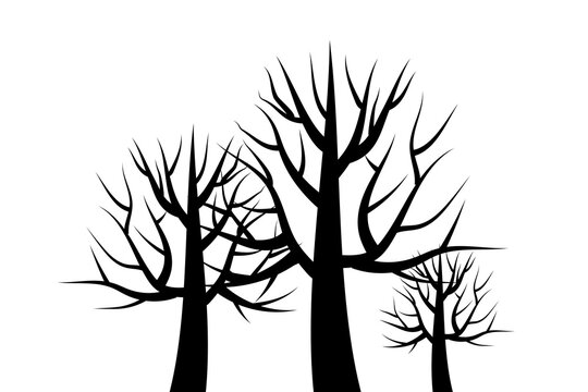 Three black trees. Trees without roots. Black elements of nature. Stock image. EPS 10.