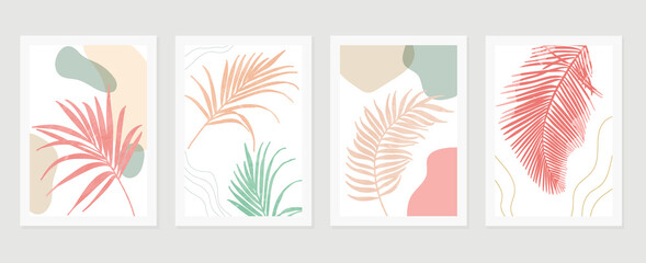 summer tropical wall arts vector. Palm leaves, monstera leaf, Botanical  background design for wall framed prints, canvas prints, poster, home decor, cover, wallpaper.
