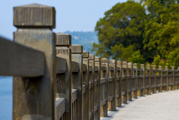 Close-up of the fence of the lakeside trail
