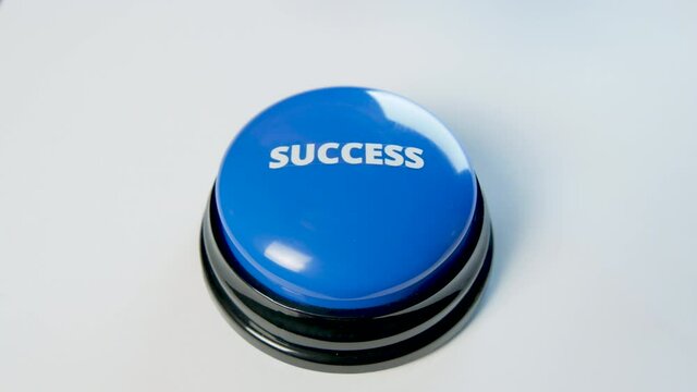 Concept of getting rich and successful fast. Woman pushing glossy Success button to become famous. Earn easy money and wealth. History of success. Luck and great career achievment.